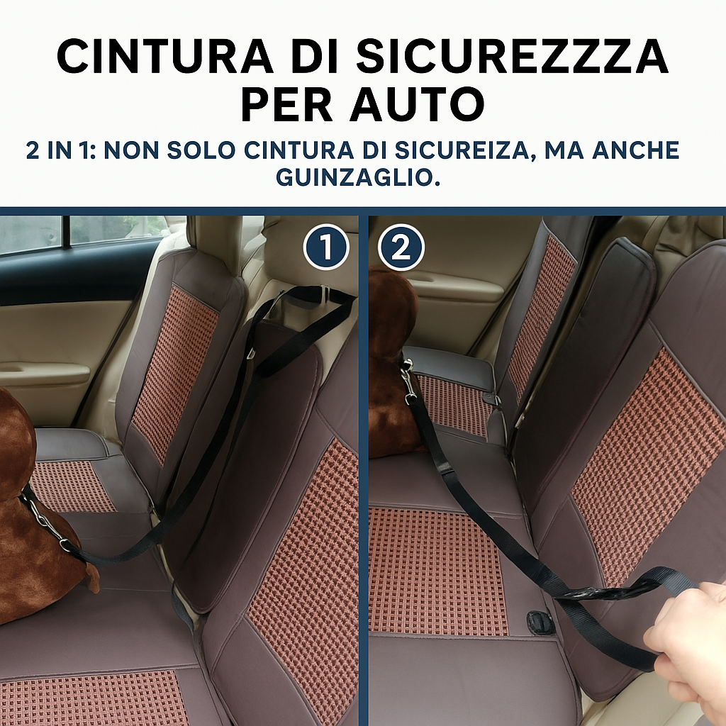 Cintura di Sicurezza per Auto 2 in 1 per Animali Domestici – Guinzaglio in Nylon Regolabile e Imbracatura per Cani