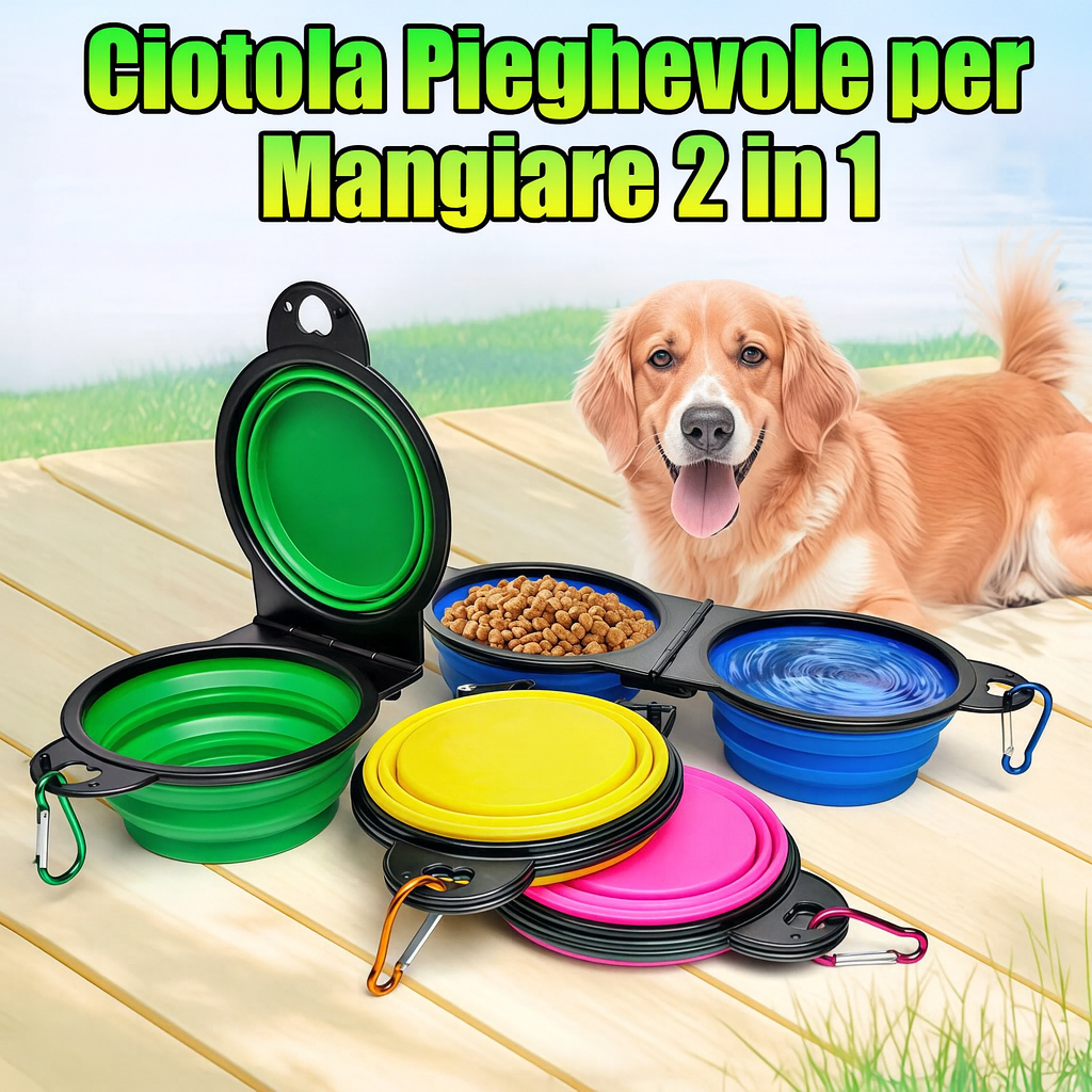 Ciotola da Viaggio Pieghevole 2 in 1 per Cani – Doppia Ciotola Portatile per Acqua e Cibo