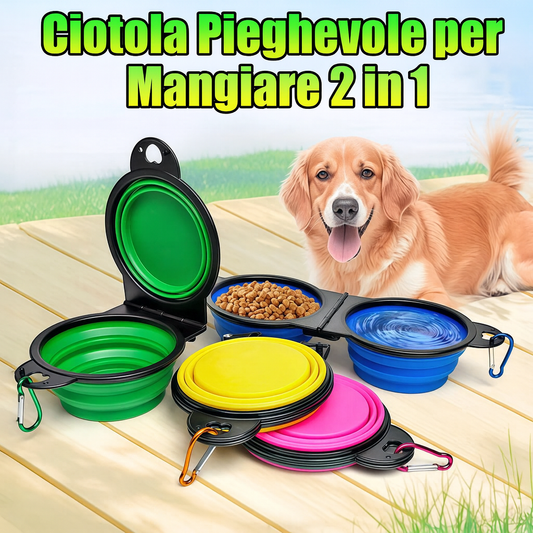 Ciotola da Viaggio Pieghevole 2 in 1 per Cani – Doppia Ciotola Portatile per Acqua e Cibo