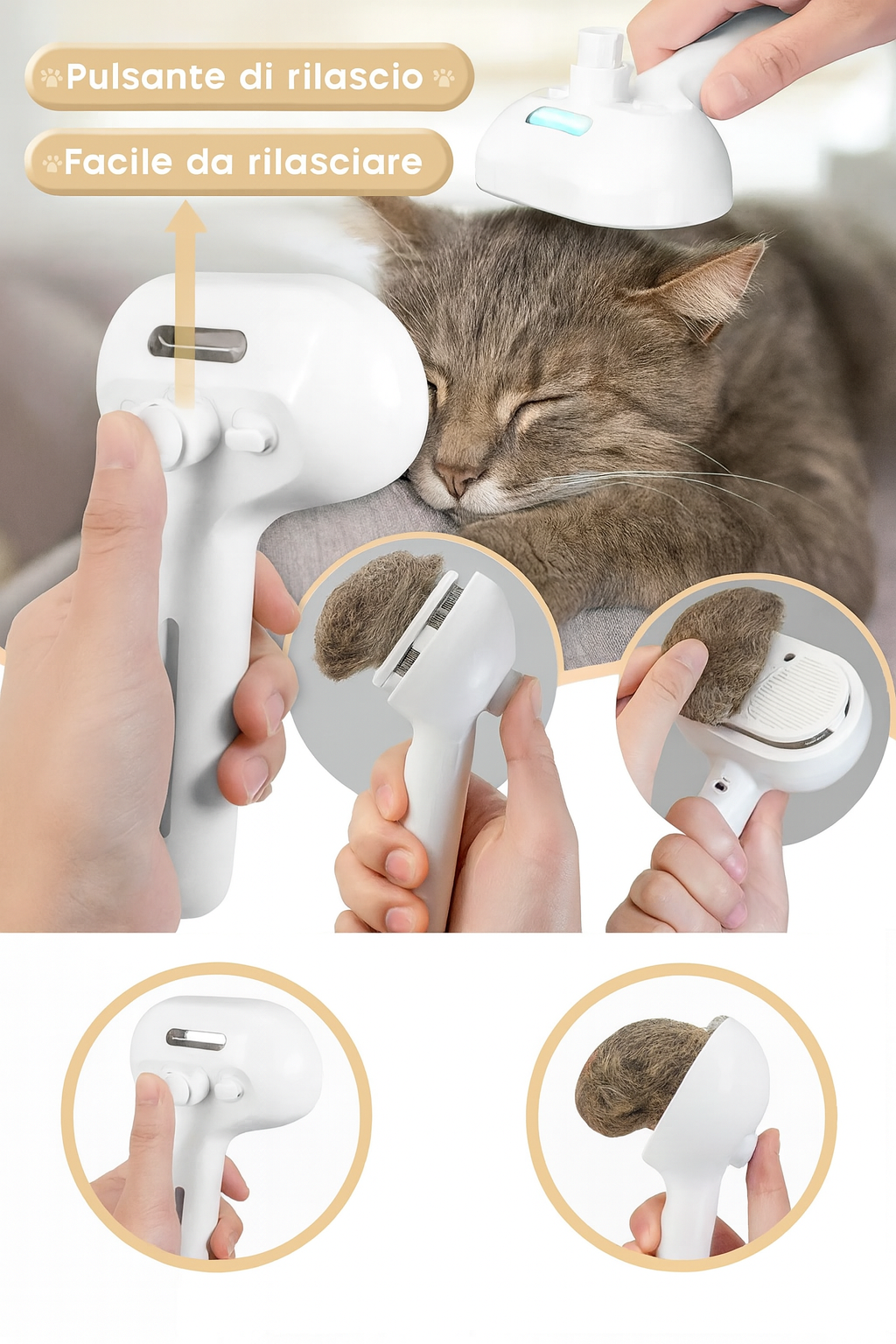 Spazzola Elettrica 3 in 1 per Cani e Gatti | Vapore, Massaggio e Rimozione Peli