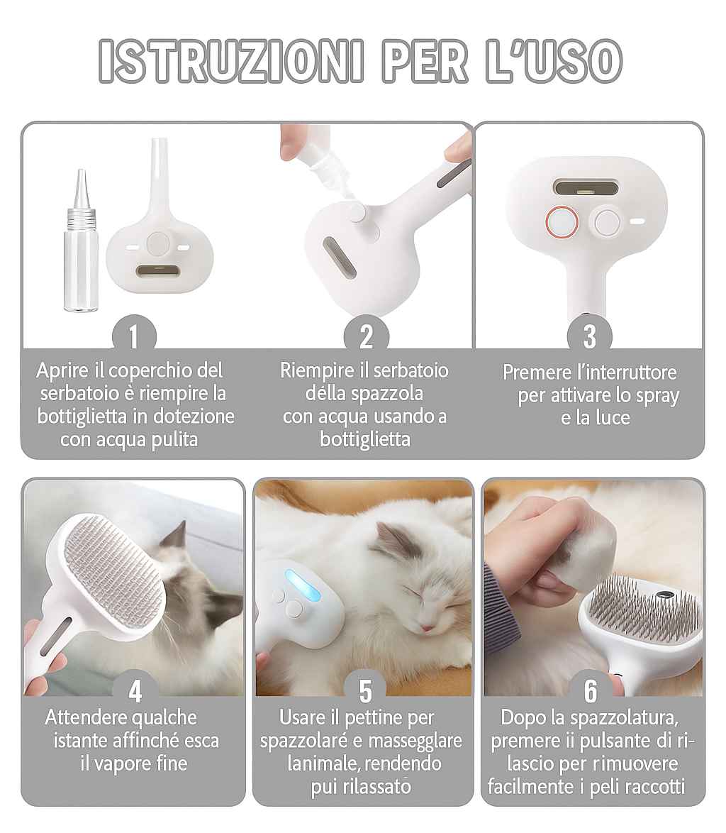 Spazzola Elettrica 3 in 1 per Cani e Gatti | Vapore, Massaggio e Rimozione Peli