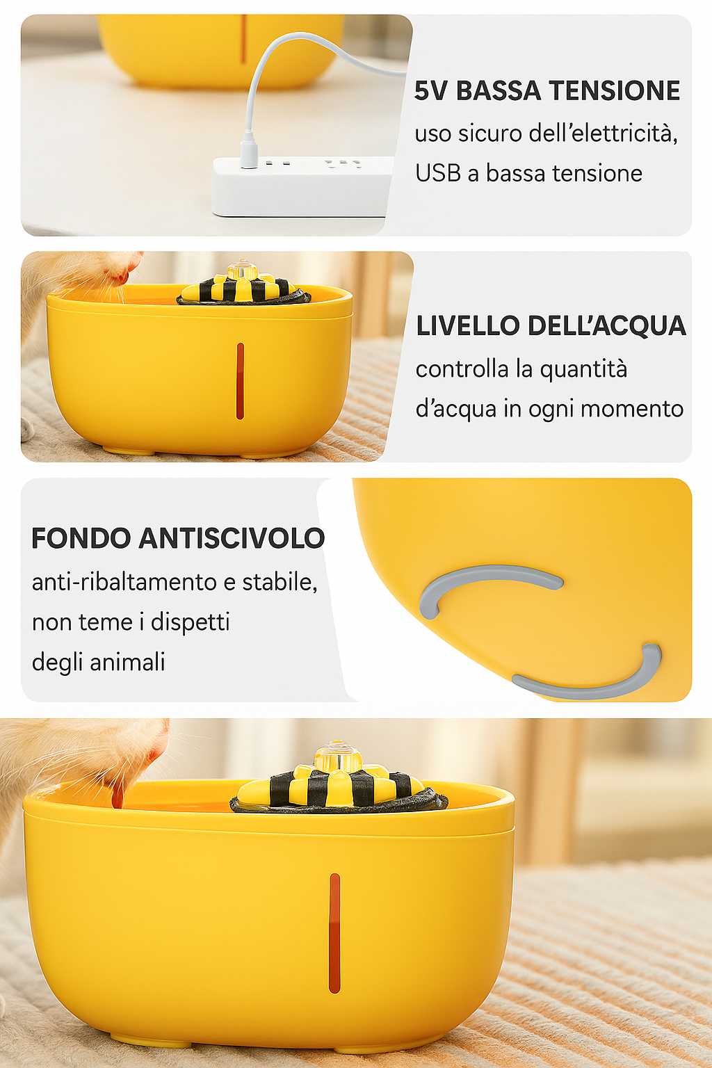 Fontana Elettronica per Gatti e Cani a Forma di Ape – Dispenser d’Acqua 2L con Filtro e Ricarica USB